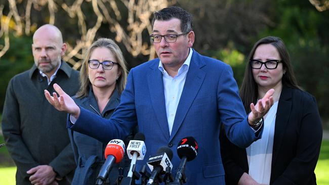 Jeroen Weimar, Jacinta Allan, Daniel Andrews and Harriet Shing at Tuesday morning’s press conference. Picture: James Ross