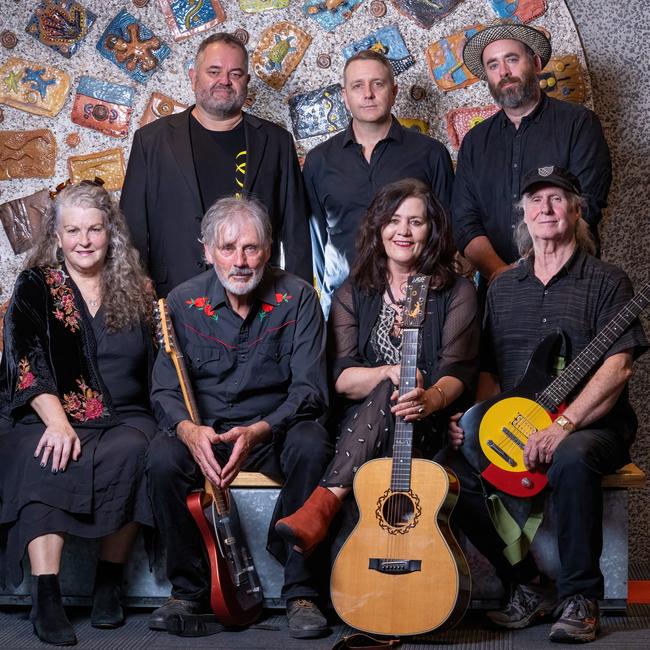 Goanna rehearsing in Drysdale. Back row: Richard Tankard, Ruben Shannon, and Marcus Ryan. Front row: Rose Bygrave, Shane Howard, Marcia Howard and Graham Davidge. Picture Jay Town