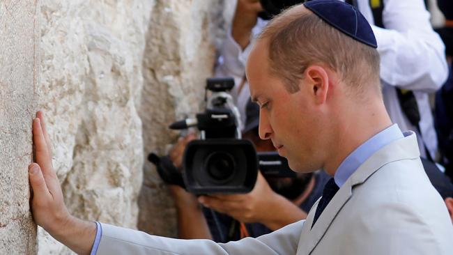 Prince William at the Western Wall in Jerusalem's Old City in 2018, when he became the first member of the royal family to make an official visit to the Jewish state and the Palestinian territories. Picture: AFP