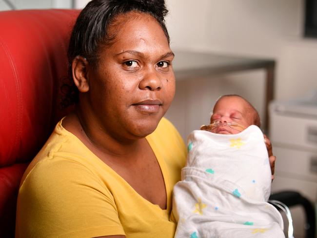 Townsville University Hospital samllest surving baby in more than a decade. Maharu Ross is now 97 days old after being born at 26wk and 5 days. Cooktown local Mother Dora Harrigan with Maharu. Picture: Alix Sweeney