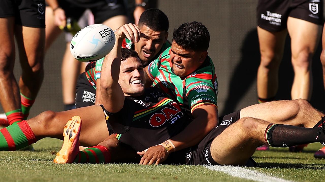 Nathan Cleary celebrates a try. (Photo by Mark Kolbe/Getty Images)