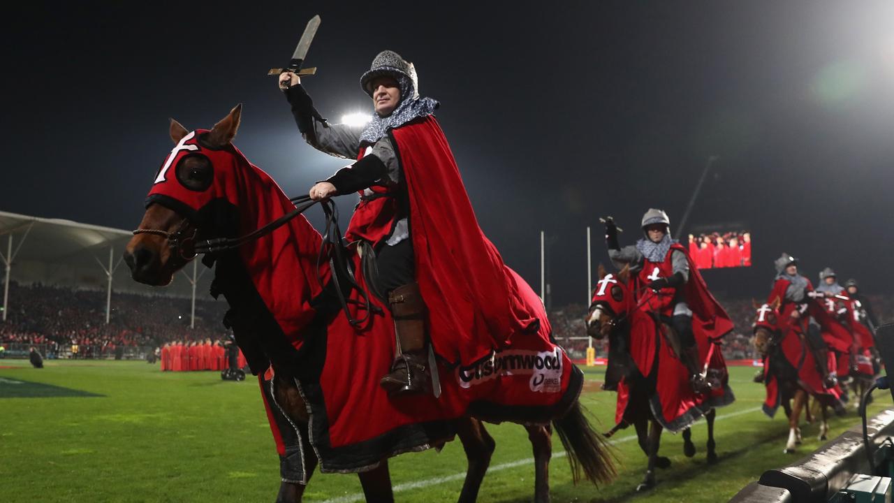 Crusaders horses provide the pre-match entertainment at AMI Stadium in Christchurch.