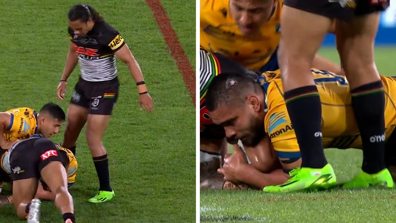 New footage shows that Jarome Luai did not kick a Parramatta Eel during the NRL grand final. Photo: Fox Sports