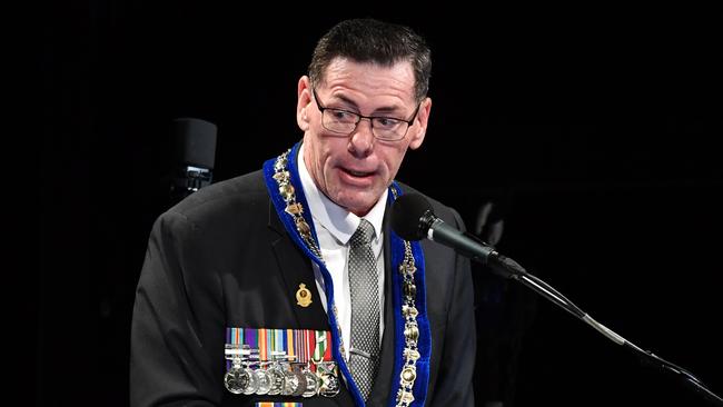 Townsville Mayor Troy Thompson delivering his address at the 2024 Anzac Day Dawn Service at Anzac Park, The Strand. Picture: Evan Morgan