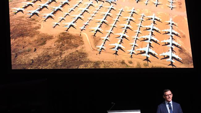 Chief Minister Michael Gunner at his year ahead speech, making mention of the huge aeroplane carpark in the Red Centre. Picture Katrina Bridgeford.