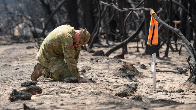 Lieutenant Kynan Lang visits the site on Playford Hwy where his uncle Dick Lang and cousin Clayton Lang were killed in the bushfire on January 3. Picture: Brad Fleet