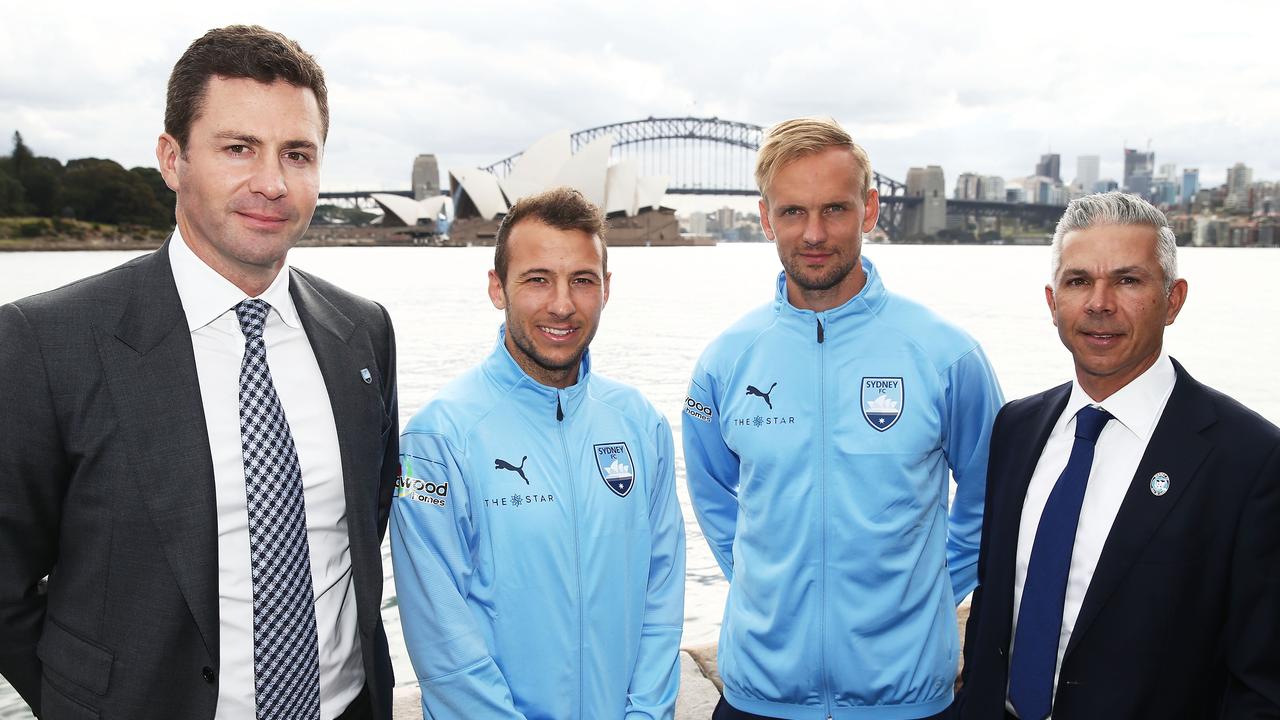 Sydney FC chairman Scott Barlow, new signings Adam Le Fondre and Siem de Jong, and coach Steve Corica.