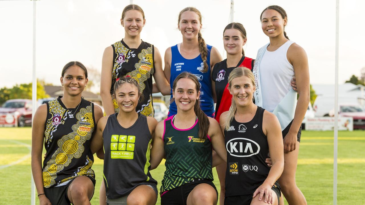 Fastest Female Footballer 75 yards final entrants with winner Dianne Waight (back, right) on 2021 Postle Gift Raceday at Club Pittsworth, Saturday, October 30, 2021. Picture: Kevin Farmer