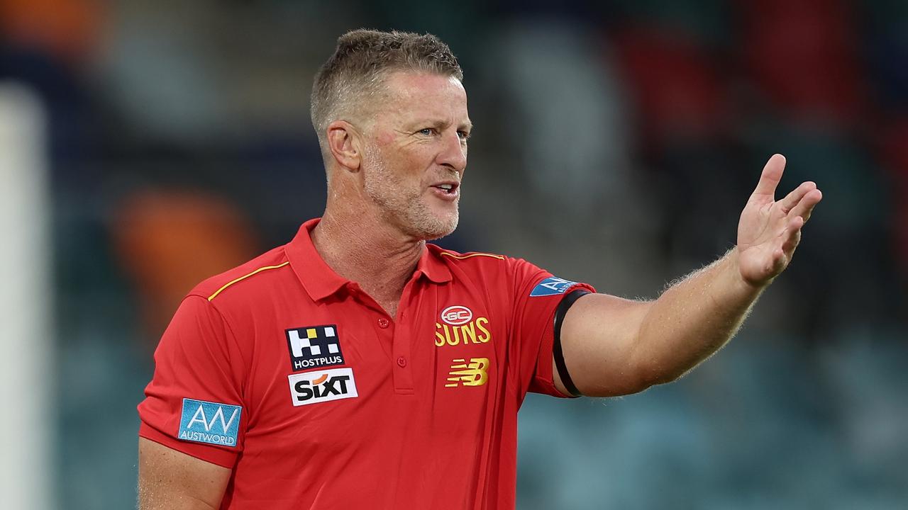 CANBERRA, AUSTRALIA – FEBRUARY 29: Suns head coach Damien Hardwick looks on during the 2024 AFL Community Series match between Greater Western Sydney Giants and Gold Coast Suns at Manuka Oval on February 29, 2024 in Canberra, Australia. (Photo by Matt King/Getty Images)