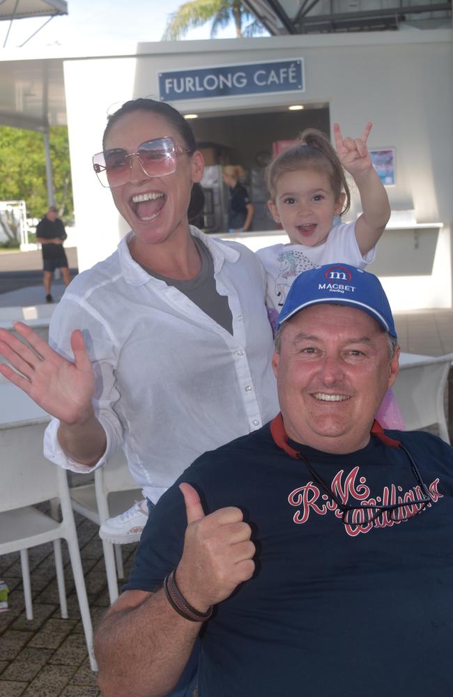 Jess McLeod and Elena with John McLeod at the Sunshine Coast Races on April 7, 2024.