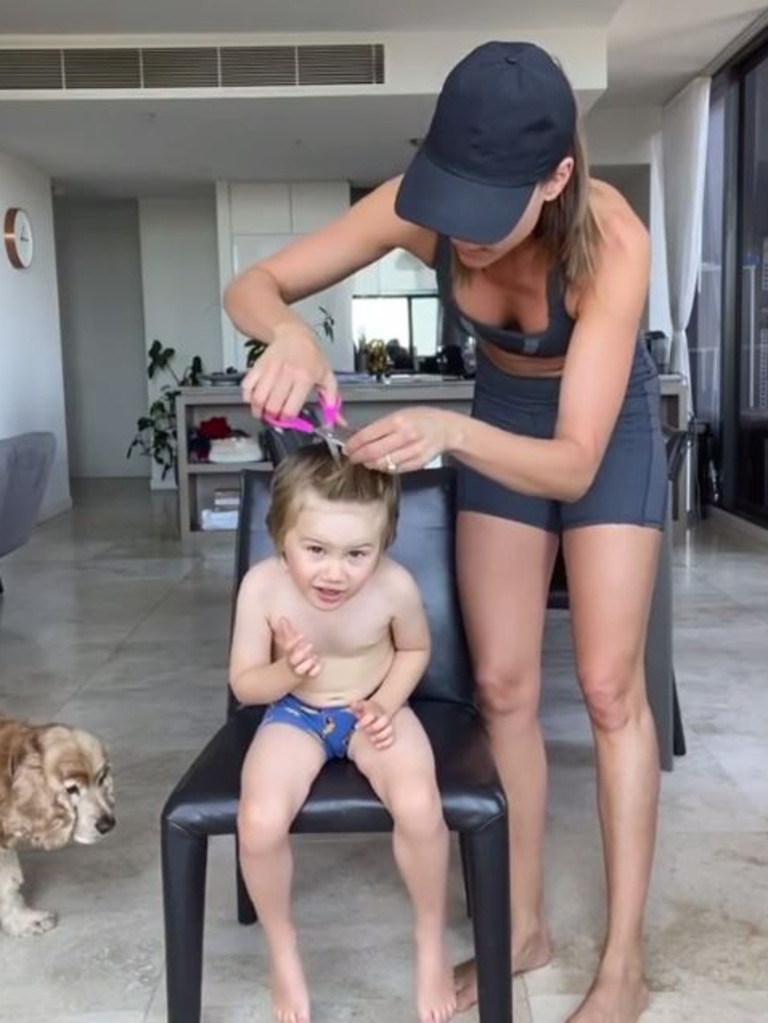 Rachael Finch shared a video of her cutting son Dom’s hair. Picture: Instagram.