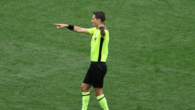 MELBOURNE, AUSTRALIA - NOVEMBER 30: Referee Jonathan Barreiro gestures during the round six A-League Men match between Melbourne City and Western Sydney Wanderers at AAMI Park, on November 30, 2024, in Melbourne, Australia. (Photo by Robert Cianflone/Getty Images)