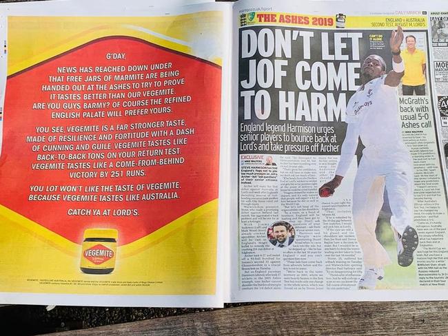 Vegemite Instagram post: "We wish @marmite all the best but don’t expect Aussies to be bowled over by their antics at the cricket. So, we took action by running a full page ad in the @dailymirror ... Catch ya at Lord’s! #TastesLikeAustralia #Vegemite #Ashes ‬#ashes19"