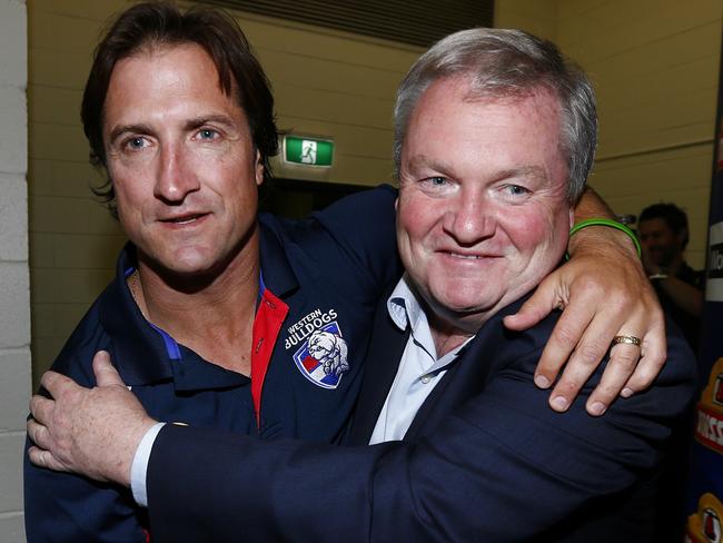 Western Bulldogs coach Luke Beveridge and Peter Gordon after a win. Picture: Michael Klein