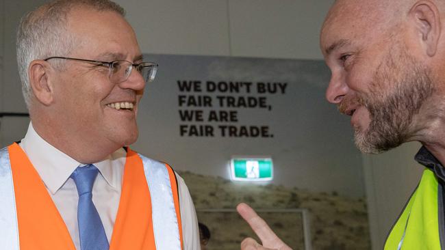 Prime Minister Scott Morrison visits Kiwanda Cafe and Zarraffa Coffee Roasters near Brisbane. Picture: Jason Edwards