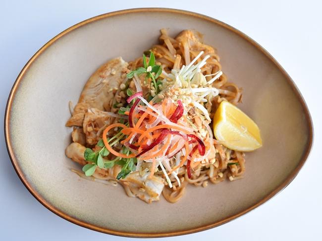 Pad Thai and asian classic with fried rice noodles with house made Tahi sauce, topped with lemon and peanuts at Breakers Country Club.