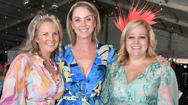 Lauren Warner, Cherie Walker and Jenny Smith at Ladies Oaks Day, Caloundra. Picture: Patrick Woods.