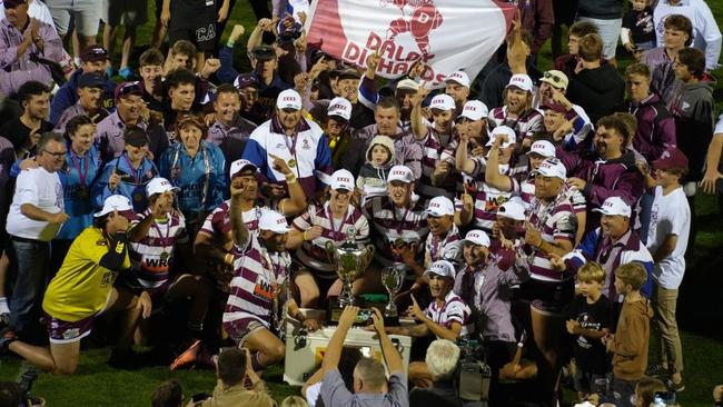 Dalby Diehards celebrate winning the 2023 TRL A-grade premiership.