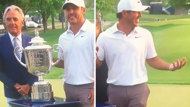 There was an awkward moment between Brooks Koepka and PGA CEO Seth Waugh. Picture: Golf Channel