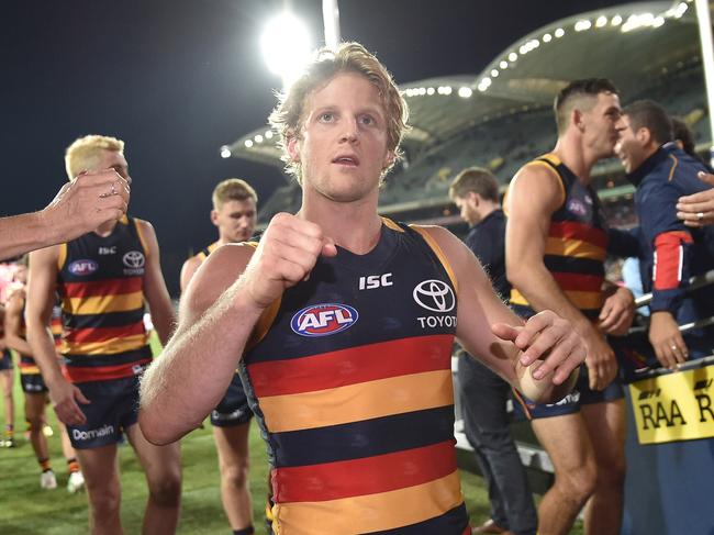 Rory Sloane of the Crows after the Round 6 AFL match between the Adelaide Crows and the Richmond Tigers at Adelaide Oval in Adelaide, Sunday, April 30, 2017. (AAP Image/David Mariuz) NO ARCHIVING, EDITORIAL USE ONLY