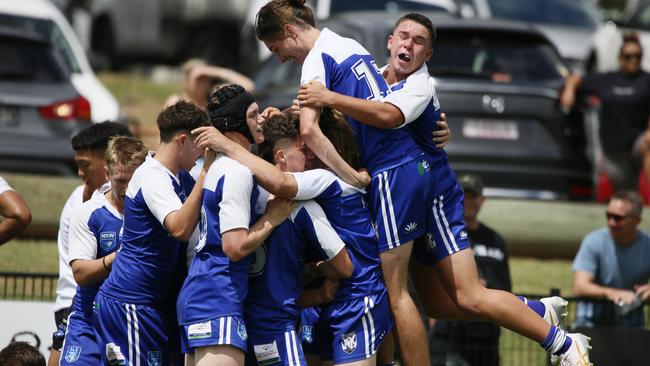 The North Coast Bulldogs celebrate a try against the Macarthur Wests Tigers during round two of the Laurie Daley Cup at Kirkham Oval, Camden, 10 February 2024. Picture: Warren Gannon Photography