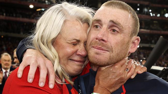 Melbourne president Kate Roffey with coach Simon Goodwin after the Demons won last year’s grand final. Picture: Michael Klein