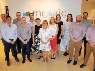 David Handley, Marcus Muir, George Kafantaris, Scott Holmes, Brendan Dale, Bobbie Murphy, Kim Brand, Trina Martin, Kerry Croaker, Margie Sullivan, Peter Bell, Brook Monahan and Taylor Booysen at Mosaic Property Group's opening of their new Sunshine Coast office at Duporth Ave, Maroochydore. Picture: Erle Levey