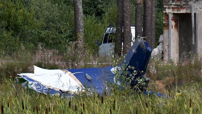 Wreckage of a plane is seen at a crash site near the village of Kuzhenkino, Tver region. The crash killed Prigozhin and nine others. Picture: AFP