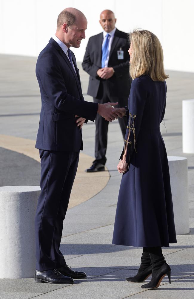 Prince William greets Caroline Kennedy, America’s Ambassador to Australia, during a visit the John F. Kennedy Presidential Library and Museum in Boston. Picture: Getty Images