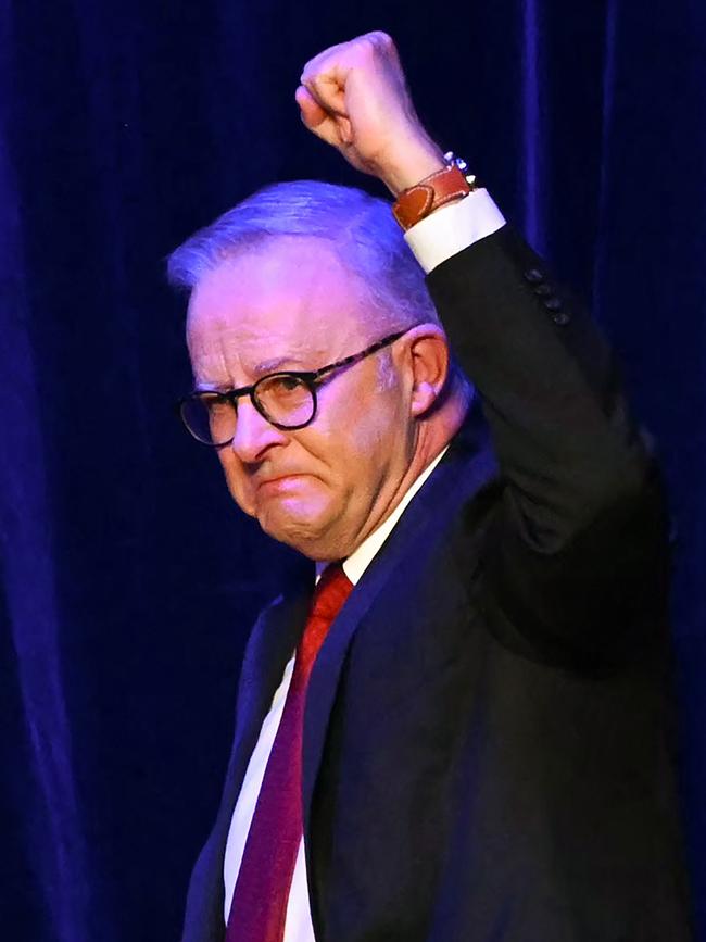 Prime Minister Anthony Albanese arrives onstage after winning a landslide election victory on Saturday. Picture: Saeed Khan/AFP