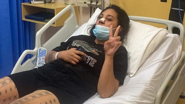 Cairns mum Junaid Vaele recovers in Cairns Hospital after being attacked at the Edmonton KFC on Monday night. Picture: Supplied