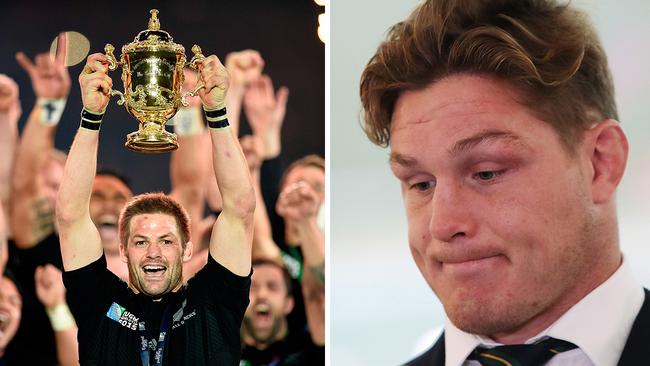 The All Blacks (left) celebrate their 2015 Rugby World Cup win … but any hope of Bledisloe success for Wallabies captain Michael Hooper (right) will likely be curtailed if they're forced to play game one of the 2020 series just five days after emerging from quarantine. Pictures: File