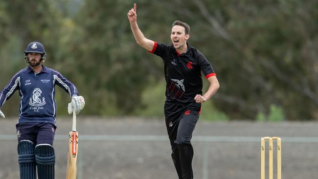 Louis Cameron celebrates a wicket for Essendon. Picture: Arj Giese