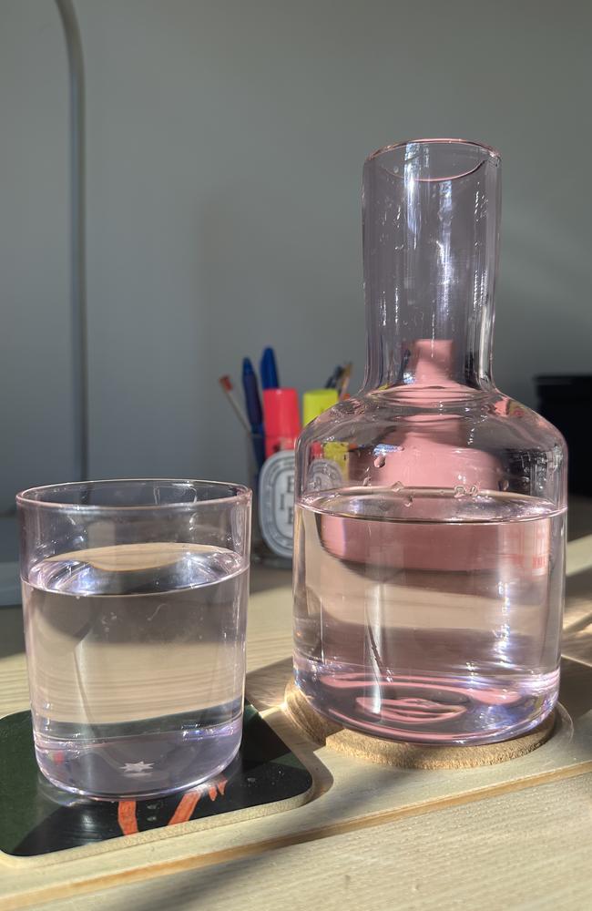 Philippa uses this Maison Balzac J’ai Soif Carafe and Glass when working from home. Picture: Philippa Tonkin/Supplied