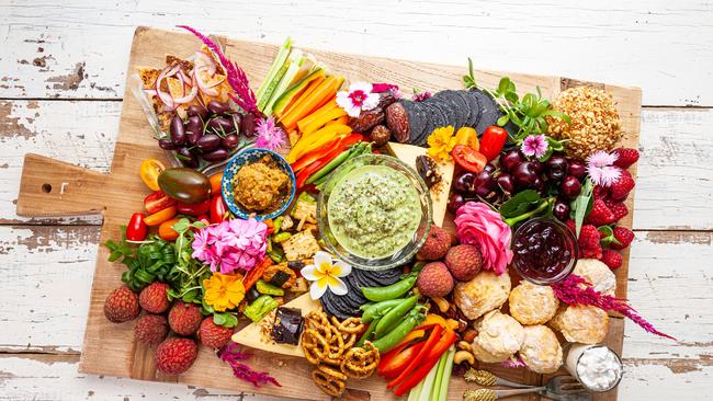 Vegan grazing board: Delicious dips, peanut butter ball, scones (made with coconut cream, lemonade & self-raising flour), various cheeses (or 'Sheeses' as they are known) and Ugly Duckling pastes, crackers, fruit and veggies are all vegan ... the only thing missing are the OREOS which believe it or not, are also vegan