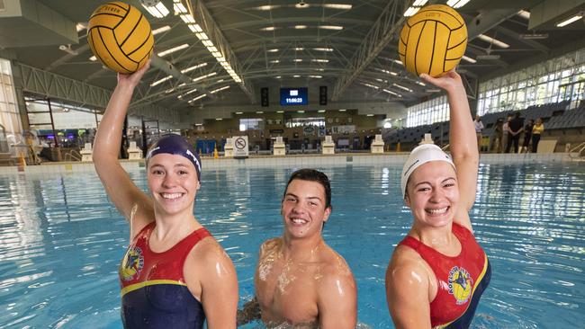 Tasmanian water polo players Isabelle Walls, Hunter Wright and Jade Cusatk.