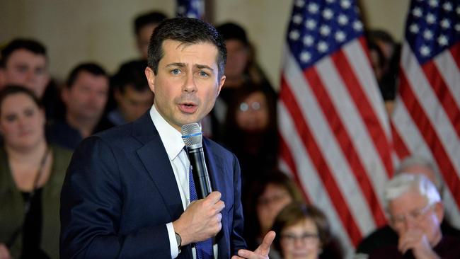 Pete Buttigieg speaks to veterans in Merrimack, New Hampshire, on Friday. Picture: AFP