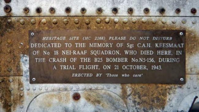 On October 21, 1943 a 15-ton B-25D ’Mitchell’ bomber crashed near Noonamah, killing RAAF pilot Sergeant Cornelis Antonius Hendrikus Keesmaat. Picture: Archaeological Survey Report