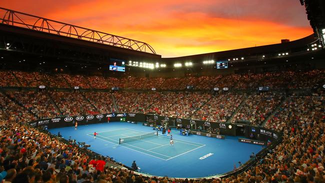 A view inside Rod Laver Arena at sunset during the Men's Singles Final match between Novak Djokovic of Serbia and Rafael Nadal of Spain during day 14 of the 2019 Australian Open. Picture: Scott Barbour/Getty Images