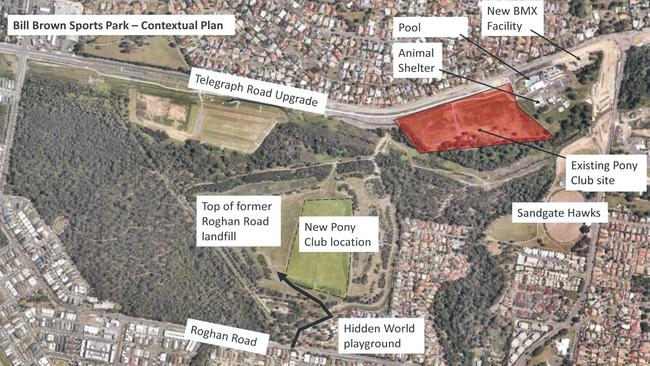 This image shows where the Bramble Bay Pony Club is currently located on Telegraph Rd, Fitzgibbon and also its new location near Hidden World Playground off Roghan Rd. Image: Brisbane City Council