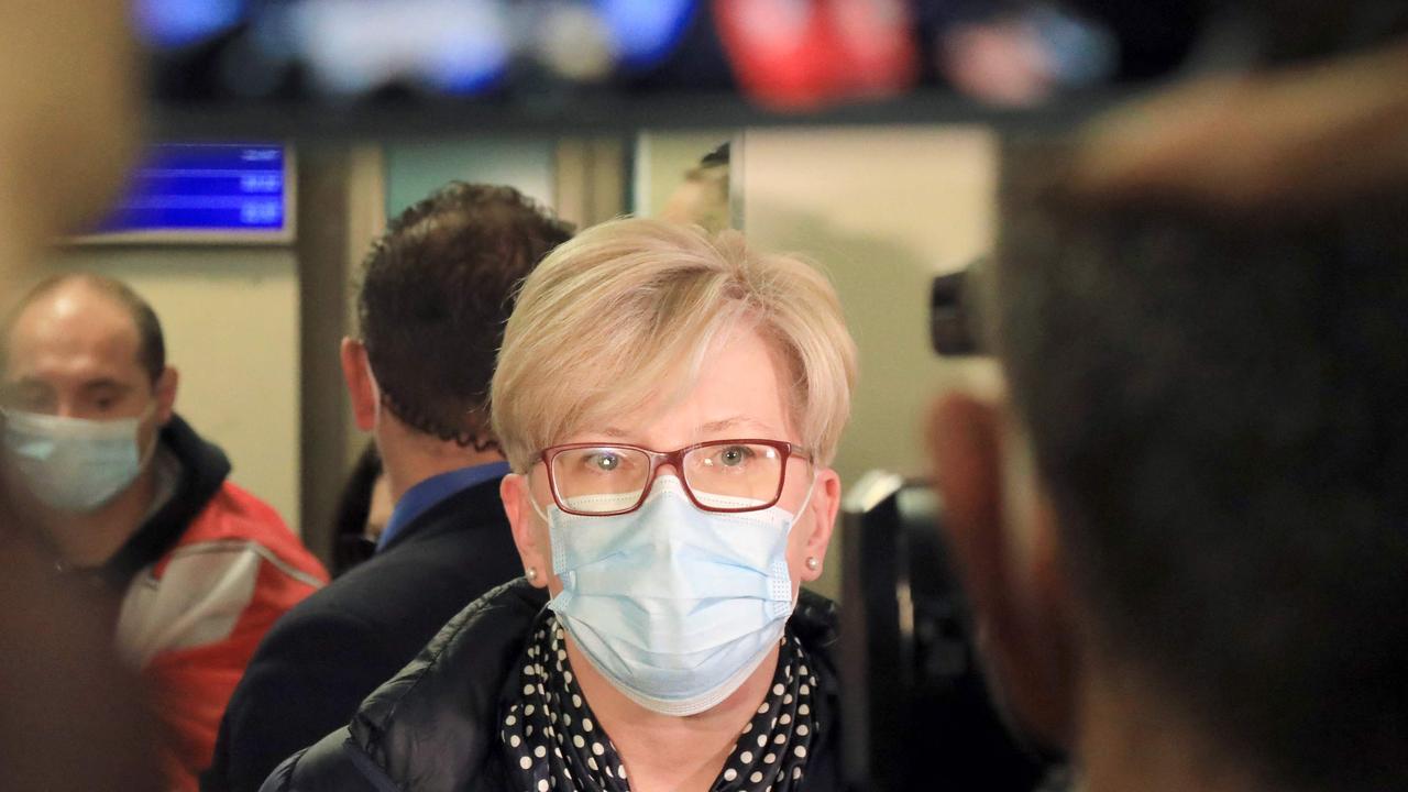 Lithuanian Prime Minister Ingrida Simonyte speaks to journalists at Vilnius International Airport after the ‘hijacking’. Picture: Petras Malukas/AFP