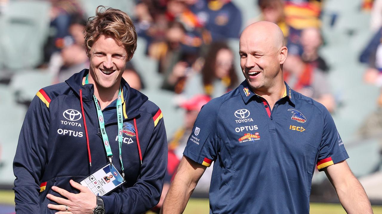 Injured skipper Rory Sloane and Matthew Nicks were all smiles before the Essendon game. Not so much after it, though. Picture: Sarah Reed