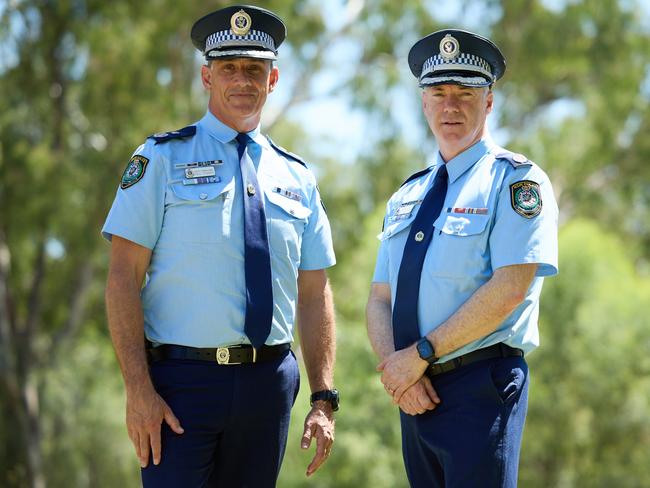 Embargoed for The daily Telegraph. Speak to the DT pic desk before using.  Deputy Commissioner of Regional NSW , Paul Pisanos (left) with Rod Smith Assistant Commissioner and Regional Commander for West Region. Pictured in Moree doing community engagement with locals.