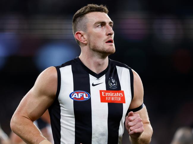 MELBOURNE, AUSTRALIA - SEPTEMBER 22: Daniel McStay of the Magpies is seen as the Magpies leave the field at half time during the 2023 AFL First Preliminary Final match between the Collingwood Magpies and the GWS GIANTS at Melbourne Cricket Ground on September 22, 2023 in Melbourne, Australia. (Photo by Dylan Burns/AFL Photos via Getty Images)