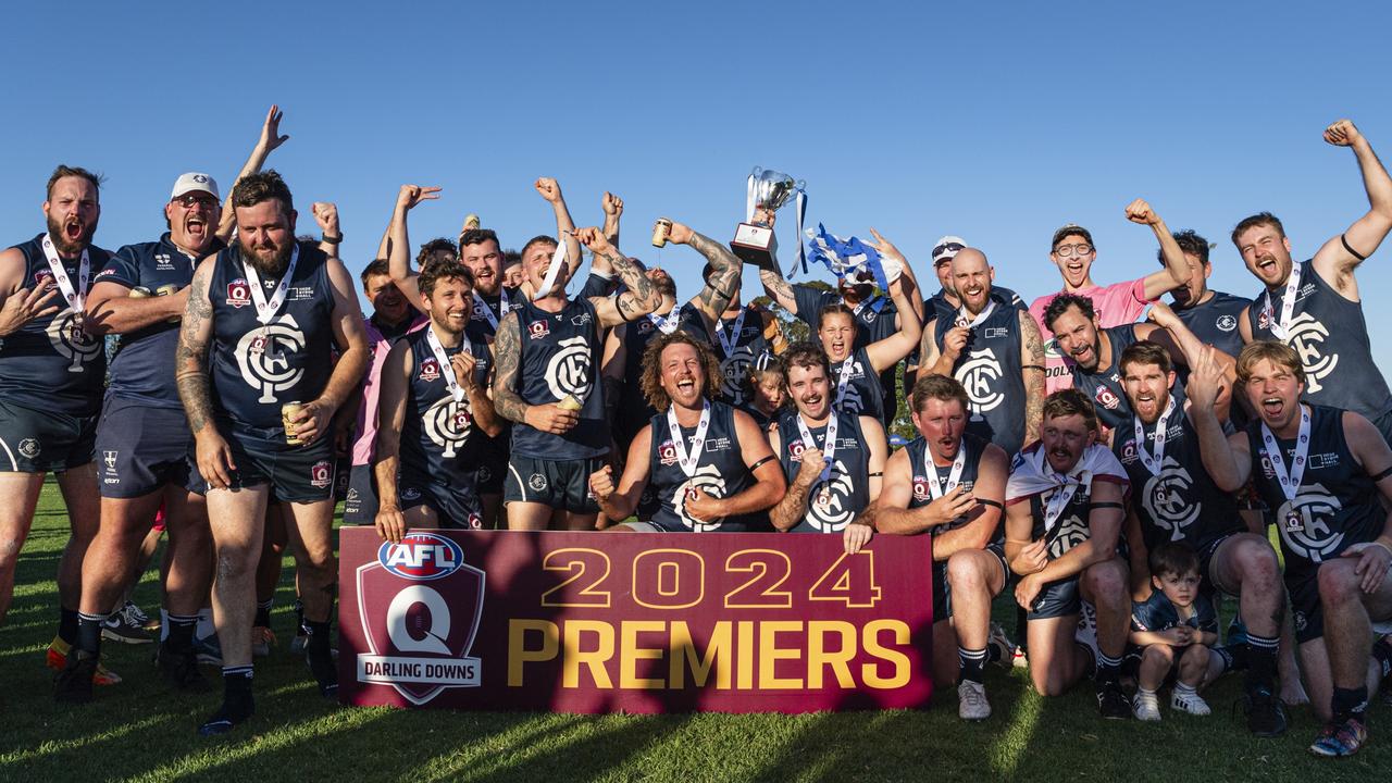 Coolaroo celebrate defeating Goondiwindi Hawks in AFL Darling Downs Allied Cup senior men grand final at Rockville Park, Saturday, August 31, 2024. Picture: Kevin Farmer