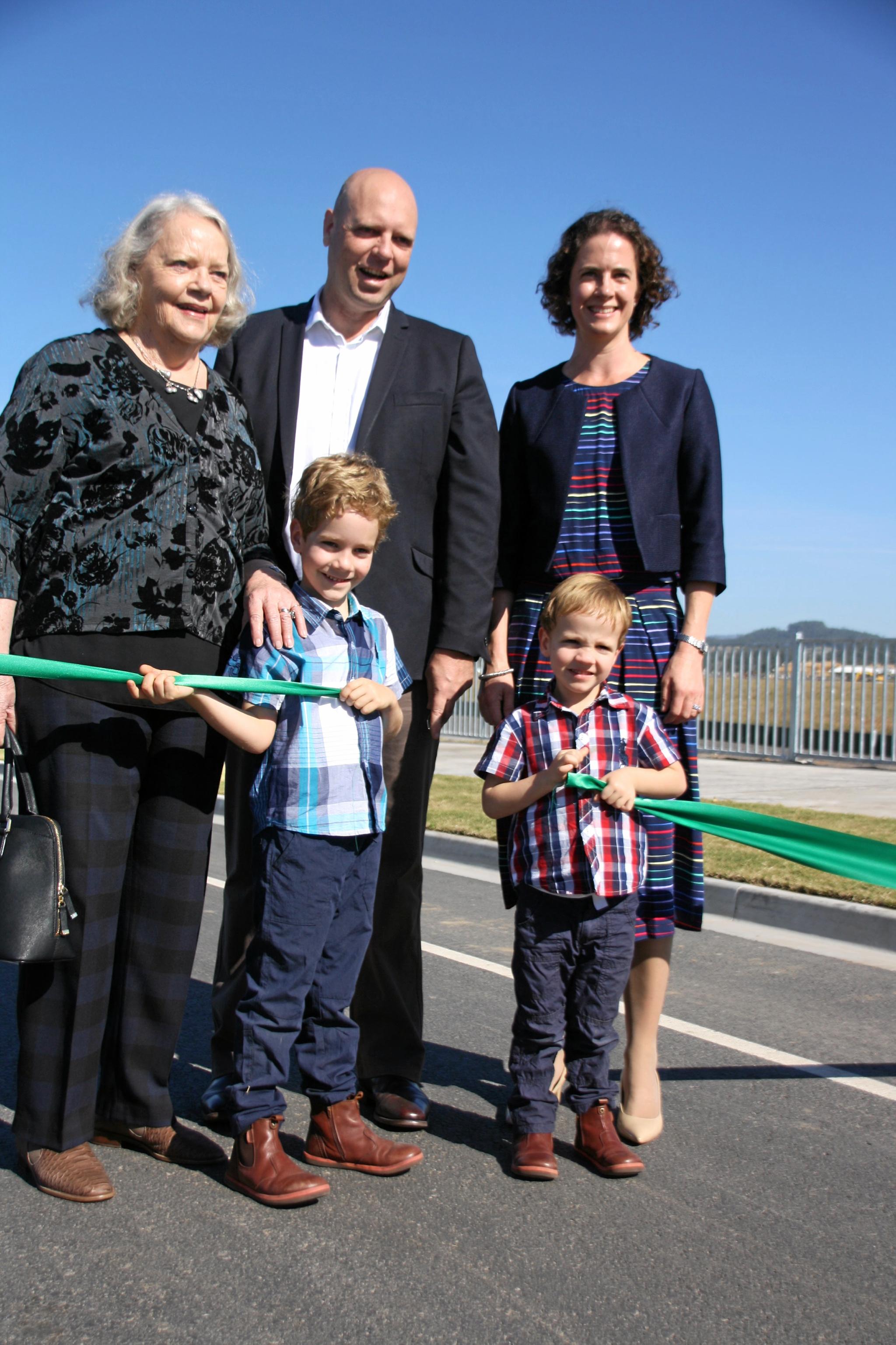 Marilyn Crosby, left, wife of the late Peter Crosby, with Ben and Emma Crosby and their boys Angus and Charlie, at the official opening of Peter Crosby Way, the gateway to Palmview's largest master-planned community, Harmony. Picture: Erle Levey