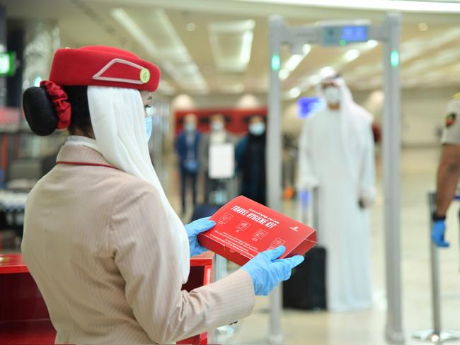 Hygiene kits are issued to Emirates passengers prior to a flight. Picture: Emirates