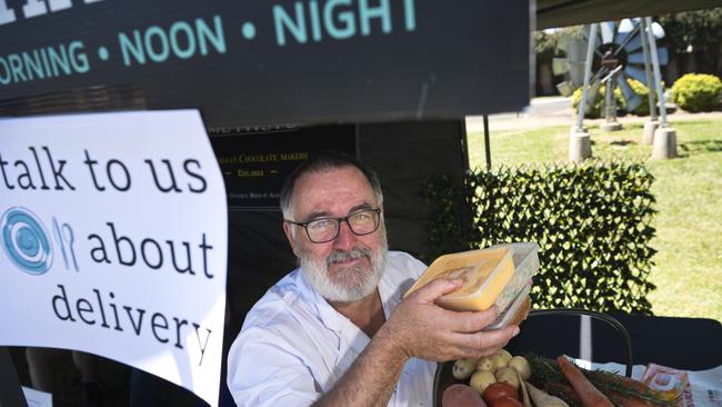 David Wood of Charred with frozen meals at The Toowoomba Farmers Market. The restaurant has moved to offering takeaway meals after coronavirus fears impact trade, Saturday, March 21, 2020. Picture: Kevin Farmer