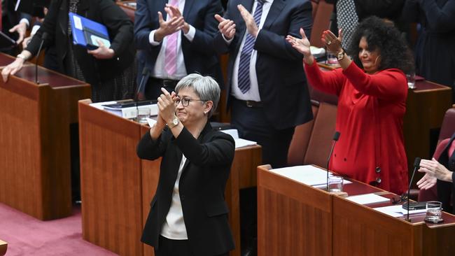 Senators Penny Wong and Malarndirri McCarthy celebrate the vote. Picture: NCA NewsWire / Martin Ollman