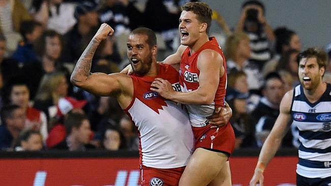 Lance Franklin and Tom Papley celebrate a Sydney goal.